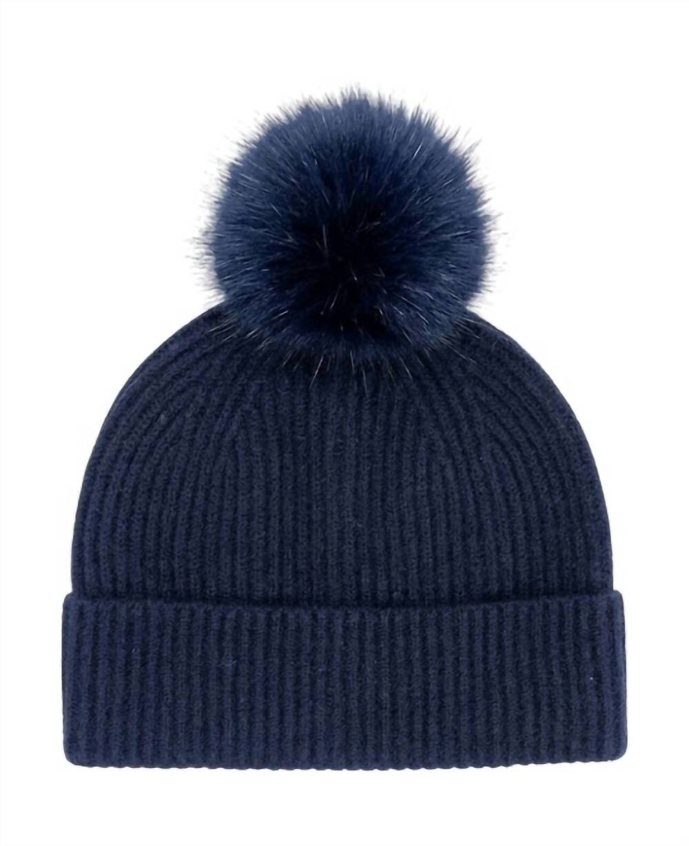 NEW MITCHIE'S MATCHINGS unisex - knitted cashmere beanie with fox pom pom in nav